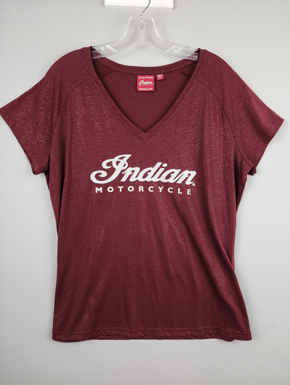 Indian Motorcyle V Neck Tee in Sparkly Burgundy
